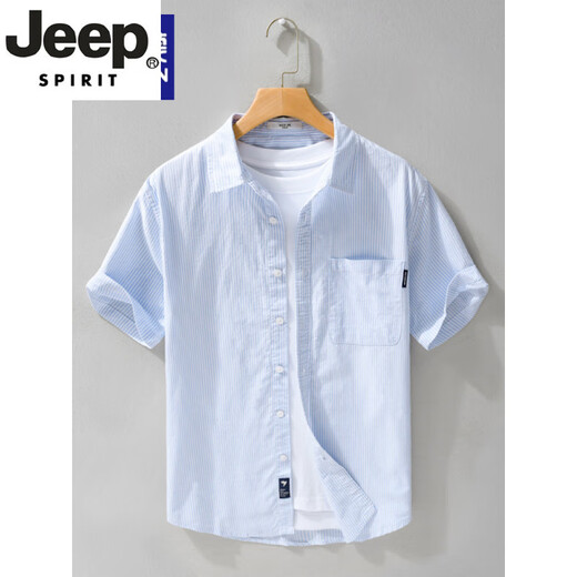 JEEP SPIRIT高端男士纯棉短袖衬衫日系休闲夏季薄款条纹衬衣新款潮流拼接上衣 9740浅蓝色 XL