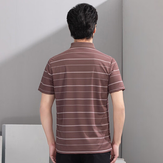 Hongdu Summer New Men's Short-Sleeve T-Shirt Business Casual Lapel Book Style Striped Slightly Bounced Middle-aged Half-Sleeve T-Shirt Coffee Ta9226-2 One Size 180/96A