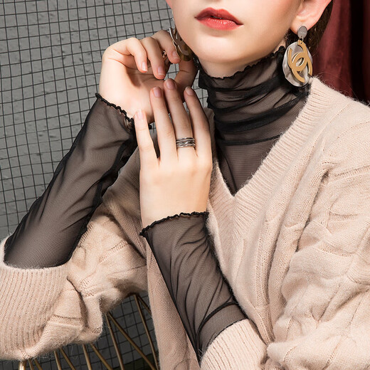 Slim high collar inner long sleeve lace bottoming shirt for women summer thin fairy mesh top white fungus edge T-shirt black L weight 110Jin Jin equals about 0.5 kg