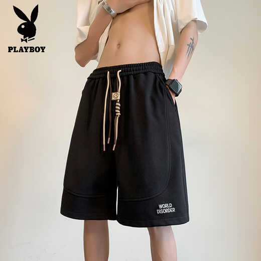 花花公子（PLAYBOY）2025夏季新款时尚潮流刺绣短裤男潮流宽松百搭直筒运动五分裤子 826米白色 L