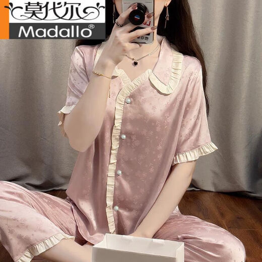 Modal Palace Style Pajamas for Women Summer Set Thin Cool Ice Silk Short Sleeve Trousers Purple Girl Jacquard Home Clothing YFY-9905 [Peach Short Sleeve Trousers] M [Suggested 80-100Jin [Jin equals 0.5 kg]]