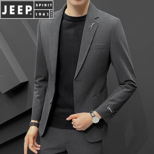 JEEP SPIRIT Men's Casual Suit Korean Slim Small Suit Set Two Buttons Handsome Trendy Wedding Jacket Top Gray Three-piece Set (Top + Pants + Shirt) Pair 3XL (150-165Jin Jin is equal to 0.5kg)