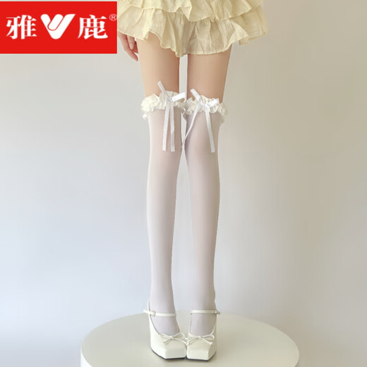 Yalu Lolita white over-the-knee socks, thin velvet high thigh socks, pure lust lace bow stockings, creamy yellow, 1 pair, one size fits all, good elasticity
