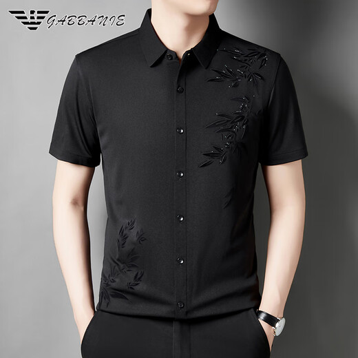 奇阿玛尼亚男士短袖衬衫夏季休闲中青年高弹丝光棉免烫半袖衬衣潮 黑色6628款 2XL 180[建议150-165斤]