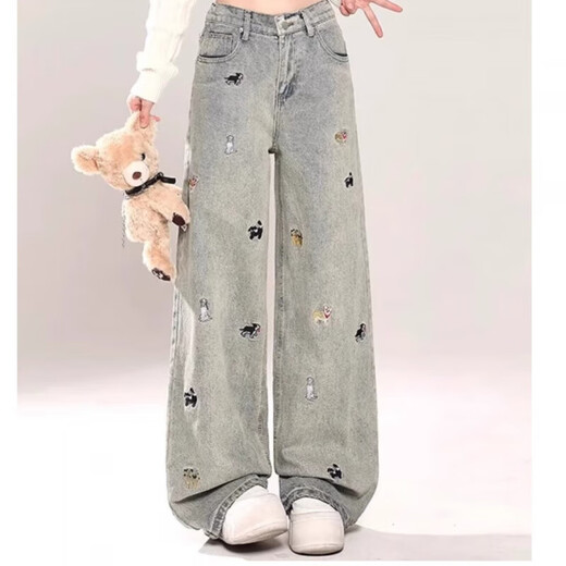 American high street jeans for women with large size trendy design embroidery high waist slimming loose straight wide-leg floor pants Blue L