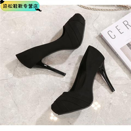 Luo Zhichao spring and summer nightclub sexy fish mouth sandals waterproof platform stiletto high heels women's suede shallow mouth work single shoes black fish mouth 35