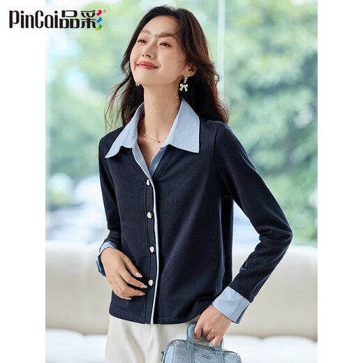 PinCai long-sleeved shirt for women, contrasting color design, fake two-piece shirt, layered style top P53S046