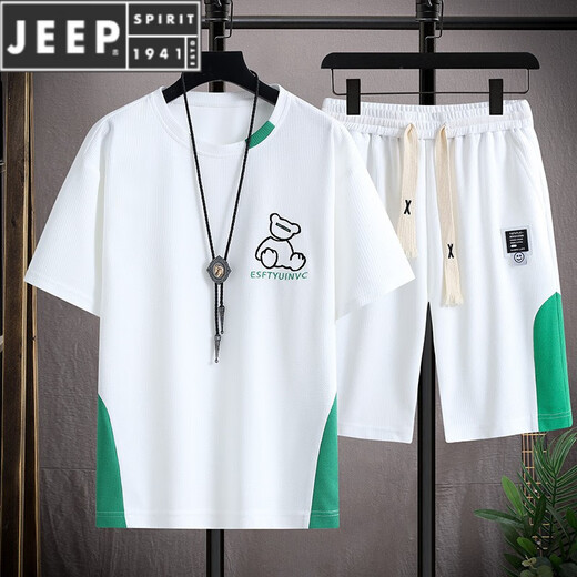 Jeep Spirit Men's Summer Suit Waffle Handsome Men's Short à manches courtes associés à un ensemble de vêtements de sport décontractés à la mode. DT636 blanc [manches courtes + shorts] m (100-115Jin [Jin est égal à 0,5 kg])