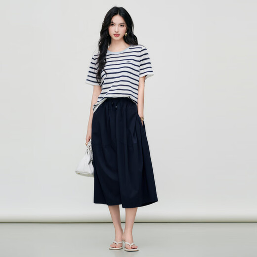 Basic House Basic House/Baijiahao high-waist spliced ​​wide-leg pants for women in summer new style design loose casual skirt pants Navy blue L