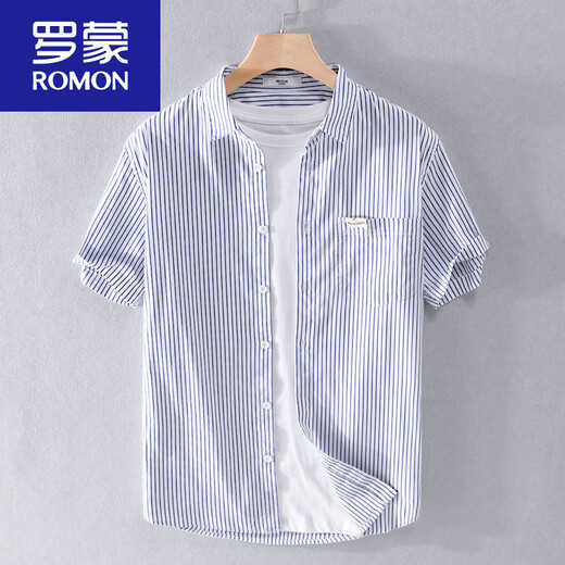 罗蒙（ROMON）男士条纹短袖衬衫日系宽松薄款上衣夏季休闲衣服潮流百搭衬衣新品 9740蓝色 XL 125斤左右