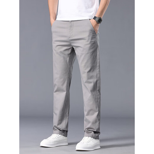 2025 Nouveau pantalon décontracté à la taille à moitié élastique pour hommes pantalon de coton pur droit d'âge moyen d'âge moyen Spring et été gris clair 6621 28