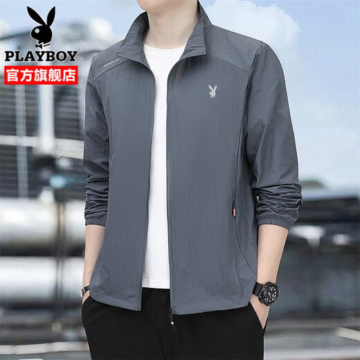 PLAYBOY Sun Protection Jacket Men's Ice Silk Jacket Summer Men's 2025 New Fashion Casual Thin Cool and Breathable Dark Gray XL