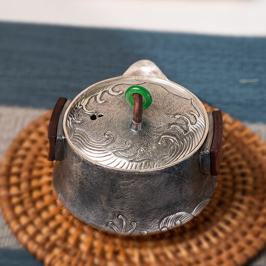 Dian Qingtang Yunnan Handmade Silver Teapot Pure Silver 999 Retro Wave Pattern Hand-caught Pot Pure Silver Chinese Tea Set Tea Set Wave Pattern Hand-caught Pot About 180g+Certificate+Gift Box