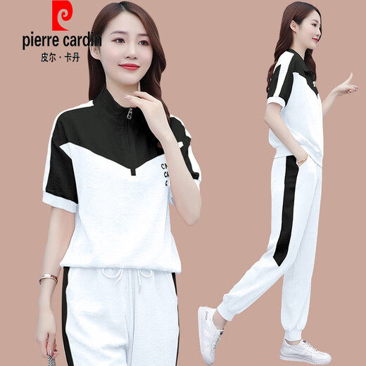 Pierre Cardin Ice|Silk Short Sleeve Sports Suit Running Women's Summer 2025 New Loose Slim Fashion Fashion Casual Two Pieces 1389 Blue M (Recommended 100 Jin Jin is equal to less than 0.5 kg)