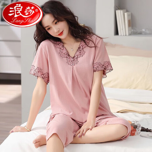 Langsha High-End Pyjamas für Frauen im Sommerkämmte Baumwolle kurzärmelige Kumpelhosen Zwei-teilige Sommerdünne Mutter mit mittlerem Alter Home Kleidung R6623 Dark Pulver High-End Pure Cotton Croped Hosen m Standardcode M80Jin [Jin gleich 0,5 kg] 100jin [Jin Equals Equals gleichen 0,5 kg]
