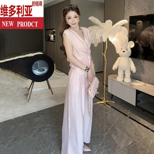 Victoria's Style Design Asymmetrische Baumwolle und Leinenanzug für Frauen im Jahr 2025 Sommer-Taille und Schlamptemperament mit weitem Hose zweiköpfigem Set White S empfohlen 80-100jin [Jin entspricht 0,5 kg]
