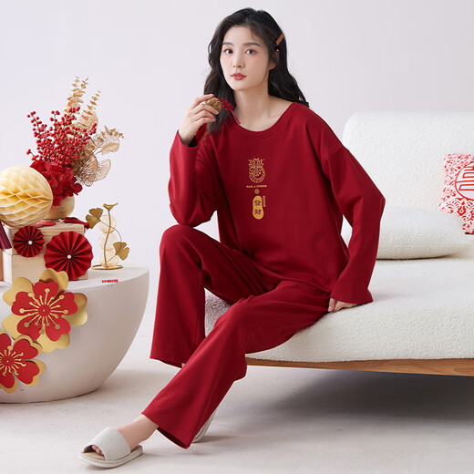 帕兰朵女士睡衣套装结婚喜庆家居服2025春夏纯棉红色本命年圆可外穿睡衣 帕-QM 9227女 M 帕-(女)