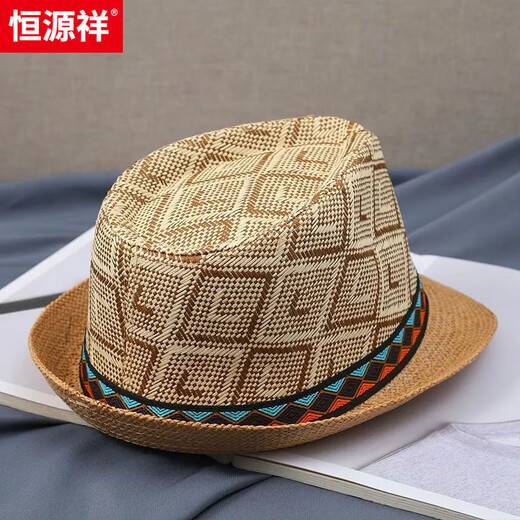 
Hengyuanxiang hat men's summer versatile breathable top hat fashionable British curly straw hat outdoor sun hat sun protection jazz shallow coffee plus size (59-61cm)