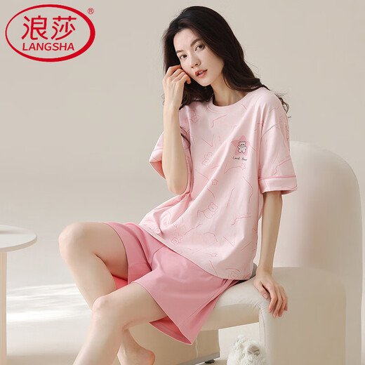 浪莎（LangSha）轻奢睡衣女夏季短袖短裤棉圆领薄款甜美粉色家居服套装可外穿 Z9859 M 【80-100斤穿】