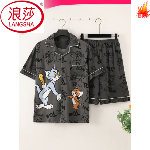浪莎（LangSha）夏季短袖薄款纯棉睡衣男家居服套装夏天卡通印花韩版男士帅气青年 3271短.袖套装 M (70-100斤)