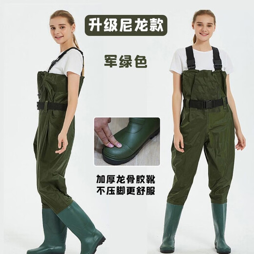 Imported from Japan and Germany, one-piece waders, thickened half-length rain pants with rain boots, men's reservoir fishing leather fork waterproof pants, military green PVC, lightweight and waterproof 42 (according to usual shoe size)