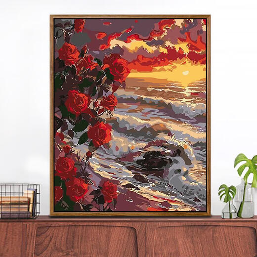 三栖虎数字油画新款花卉风景手工填色高颜值解压丙烯油彩画装饰挂画 DF1391 40*50送画架+高亮颜料+油画画笔