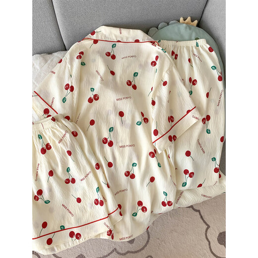 Pajama de gasa de algodón de terciopelo ártico para mujeres Pantalones de manga corta Summer Tres piezas Cardigan Cardigan Home Ropa de primavera y Autumn Cloud-9905# Black Love Set M [Sugerencia 75-100Jin [Jin equivale a 0.5 kg]]