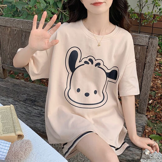 慕枫晴夏季睡衣女短袖短裤套装卡通薄胖MM加大码宽松可外穿睡衣 694卡皮巴拉+699涂鸦笑脸 M 【建议80-98斤】