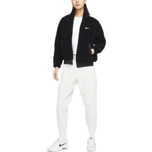 NIKEW Nsw Swsh Plsh Jkt Solid Color Sports and Casual Standing Collar Lambsewel Warm Jacket Women's Black XXS