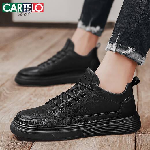 卡帝乐鳄鱼（CARTELO）男鞋夏季2025潮牌皮鞋子男软底休闲鞋男英伦板鞋 黑色 42码