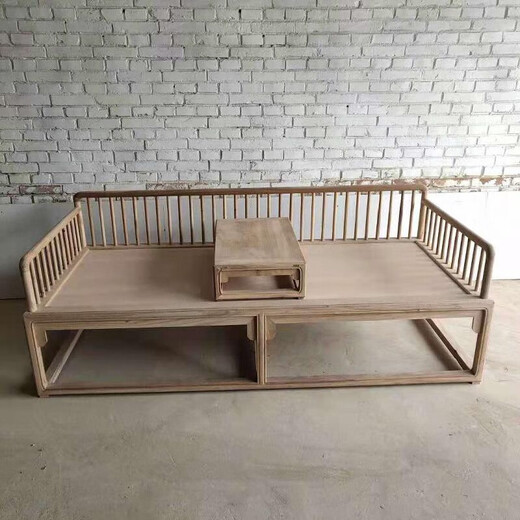 北方老榆木新中式实木罗汉床白茬简约沙发床客厅小户型简约贵妃床 款12200*90*42坐高+炕桌 白茬/ 1.2米以下