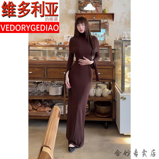 维多利亚的格调法式气质重要场合长袖连衣裙女装春季新款修身掐腰套装包臀长裙子 【版】棕色套装 L 今年流行漂亮套装裙子/初恋清