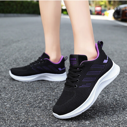Women's shoes 2025 casual soft sole sneakers breathable single shoes flying mesh shoes running shoes 831 black 37