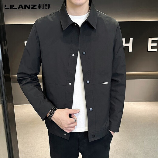 Lilang Spring and Autumn New Men's Jacket Youth Fashion Casual Versatile Lapel Simple Jacket Men's Solid Color Top Black 2XL 180/ Recommended 140-160Jin Jin equals 0.5 kg