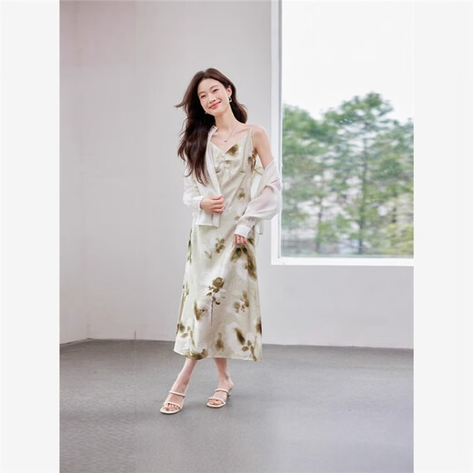 SI JIE SHANGHAI ENDI Ropa Han Duoyi vestida de suspensión para mujeres temperamento a mitad de longitud impresa año 9923 vestido amarillo s