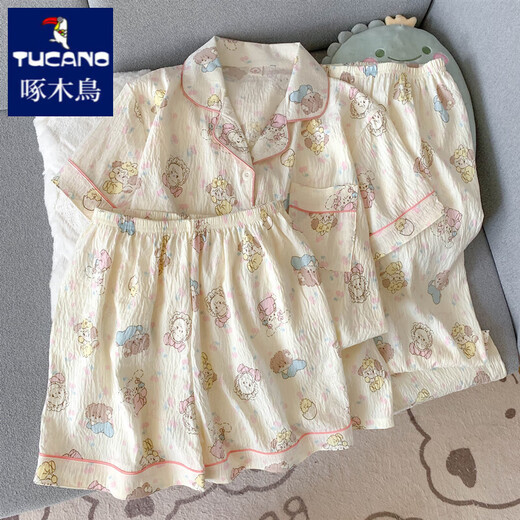 啄木鸟mikko睡衣女款夏季纯棉纱布短袖ins日系可爱春秋天家居服三件套装 云朵棉-9902#星星KT猫三件套 XL 女【建议115-140斤】