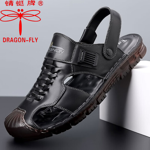 Dragonfly brand top layer cowhide bag sandals men's new leather summer beach shoes soft sole beef tendon sole dad sandals two wear 6908 brown 41