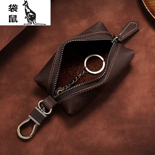 Kangourou de grande capacité Crazy Horse en cuir clés sac rétro couche de tête clé en cuir couvercle zipper vêtements en cuir authentique clés sac Coffee Couleur