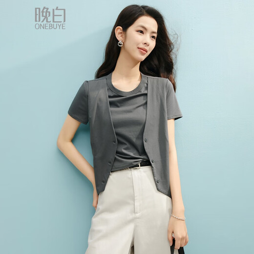 Spätes Weiß [neues Produkt] 2025 Sommer-vielseitiger Oberteil mit einem zweiteiligen T-Shirt von Baumwollstil für Frauen grau m