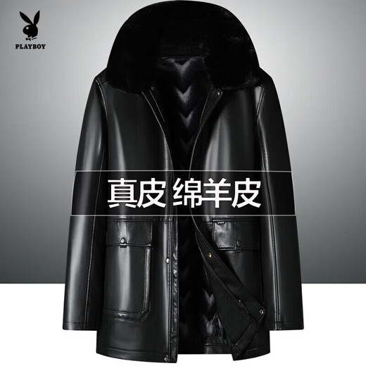 Playboy, middle-aged and elderly genuine leather jacket for men with velvet thickened large size men's mid-length parka coat for men sheepskin coat black [fox real hair collar] XL 180 [140-160Jin [Jin equals 0.5 kg] wear]