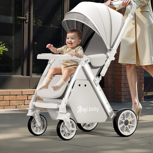 ANGI BABY stroller, high view, can sit and lie down, lightweight folding two-way push stroller, baby stroller, silver gray, can sit and lie down + four-wheel shock absorber, stroller can sit and lie down, one-button closing, four-wheel shock absorber