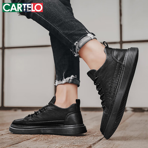 卡帝乐鳄鱼（CARTELO）男鞋夏季2025潮牌皮鞋子男软底休闲鞋男英伦板鞋 黑色 42码
