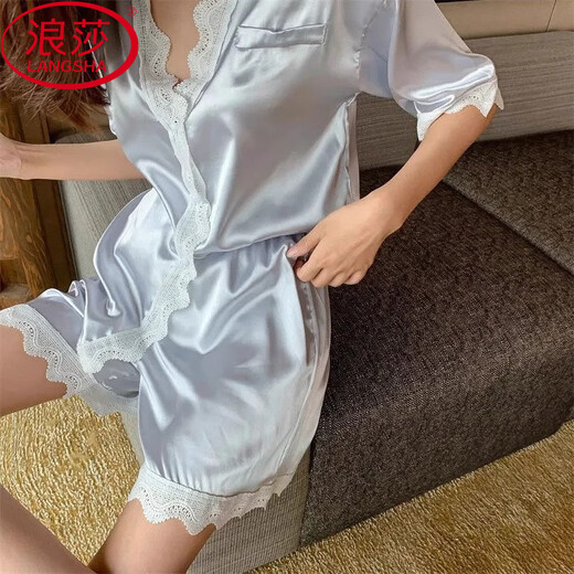 Langsha Seidenpyjamas für Frauen im Sommer Dünne Spitze sexy High-End-Kurzärärmel-Internet-Promi-Stil Seiden zweiteiler Set 6182 Butterfly L.