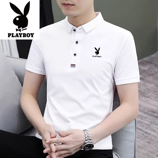 
Playboy pure cotton short-sleeved T-shirt in summer new style without hot lapel breathable and versatile casual thin half-sleeved top polo shirt men 844 white 2XL Recommended 140-155 Jin [Jin equals 0.5 kg]