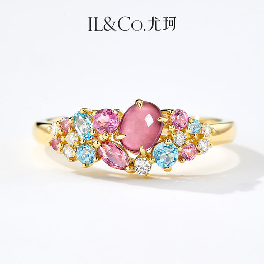 IL&CO Youke Hecaihuaxin 18K gold natural pink tourmaline ring multi-color gemstone birthday and Valentine's Day gift for women, tourmaline + topaz + diamond, total about 0.8 carats, size 13
