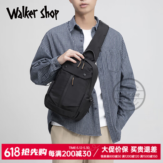 Walker Shop男士胸包单肩斜挎包新款轻便牛津布挎包休闲运动腰包骑行包潮背包 黑色