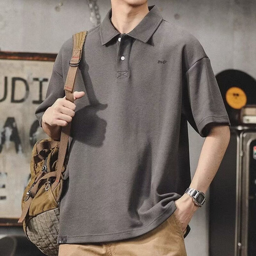 Camisa de solapa japonesa de UKUHPK Camisa de algodón de manga corta de manga corta y versátil Tendencia de cuello suelto G691 Black + Gray M [sugerido 90-110Jin [Jin iguala 0.5 kg]]]