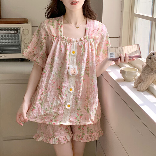 Hengyuan Xiangyun Baumwollpyjamas für Frauen im Sommer mit Brustpolstern, kurzen Ärmeln, losen großer Prinzessinstil-Studentin Student Home Clothing Set 9902-1 M (80-100Jin [Jin Equals 0,5 kg])