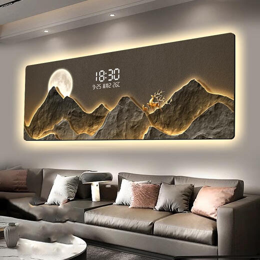 数显屏客厅沙发背景墙装饰画轻奢led数字电子钟感氛围灯挂画 T11981 90*30cm数显款水晶画面+圆角包
