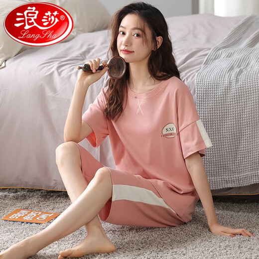 Langsha 100% pure cotton pajamas for women in summer large-size short-sleeved suit Korean casual cartoon cotton cropped pants home clothing N9856 4XL (180-200Jin [Jin equals 0.5 kg])